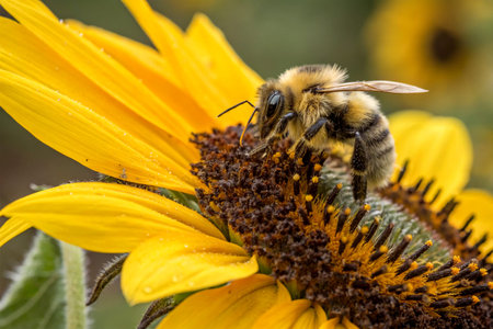 A macro shot of a bee on a sunflower