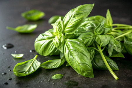 A handful of fresh basil leaves on a dark surface