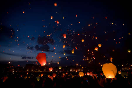 Big sky lanterns flying on christmas festivalの写真素材