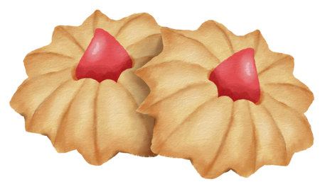 Snack illustration, delicious strawberry jam cookies, 4 cookies stacked togetherの写真素材