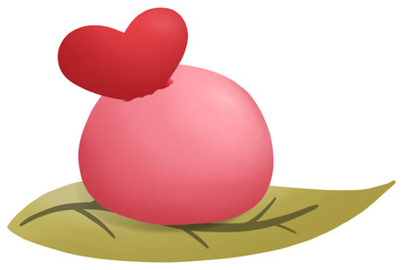 A pink mochi dessert on a leaf, topped with a red heart decoration, symbolizing love and sweetness.の写真素材