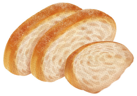 Illustration of fluffy bread, crispy outside, soft inside, golden yellow, showing freshness from the oven. Bread can be eaten in many ways, sandwiches, or eaten with butter or jam.の写真素材