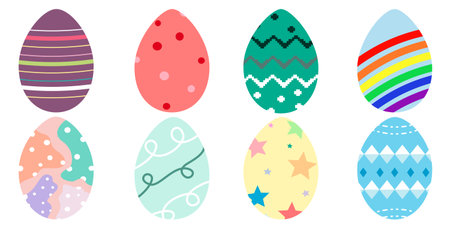 Set of colorful decorated Easter eggs illustrations that express the joy of Easter. Perfect for decorating Easter-related designs.のイラスト素材