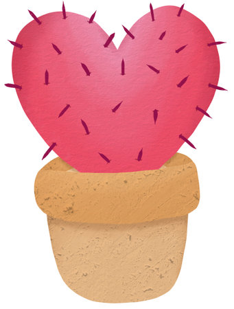Illustration of a pink heart-shaped cactus in a light brown pot. Perfect for Valentine's Day or to promote love in a unique way.の写真素材
