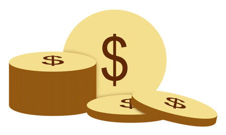 A graphic image of a stack of bright yellow dollar coins, suitable for use in designs related to finance, banking, marketing, saving money, business, economy.のイラスト素材