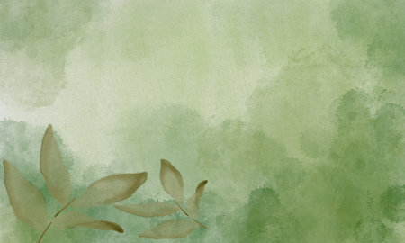 Watercolor background painted in natural green tones, decorated with green leaves. Natural style image gives a comfortable and refreshing feeling.の写真素材