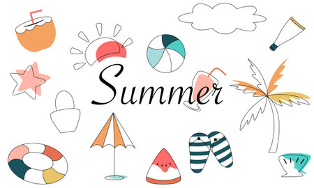 Minimal Hand-drawn Summer Icons Collection with Textのイラスト素材