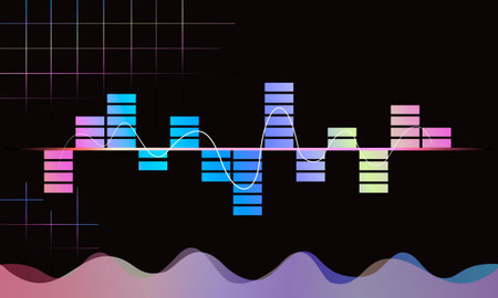 Abstract background, digital equalizer bar graph, digital graphic illustration, frequency graph, sound wave, gradient color bar.のイラスト素材
