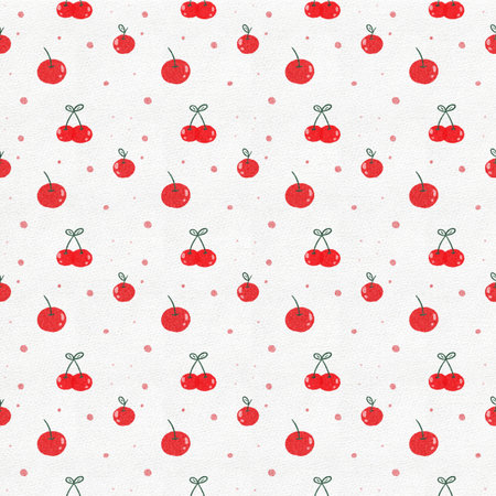Seamless pattern, cherry pattern on white background, drawn in cartoon style, decorated with dots...