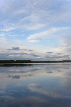 Blue sky and it reflection in the smooth water of lake
