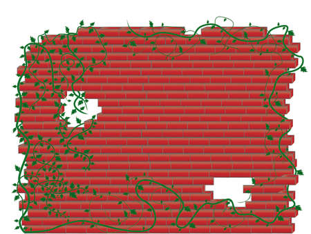 Vector bricks broken wall with green plantsのイラスト素材