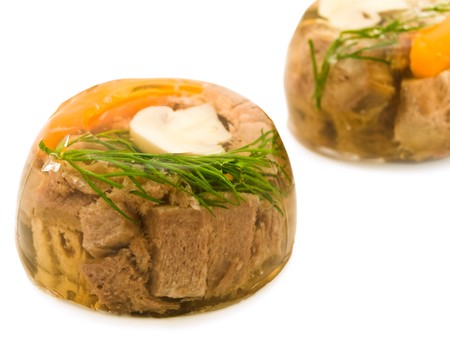 meat products and dill in aspic over whiteの写真素材