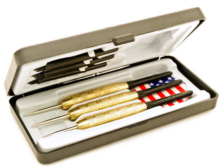 Photo of three darts in the box over the white background
