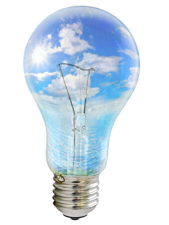 Photo of the bulb with sky inside against the white backgroundの写真素材