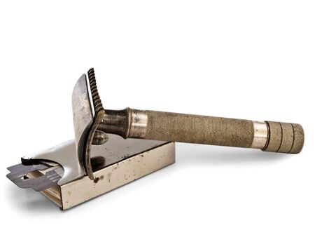 shaving set over the blades case against the white backgroundの写真素材