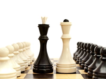 photo of the chessboard with black and white pawns on itの写真素材