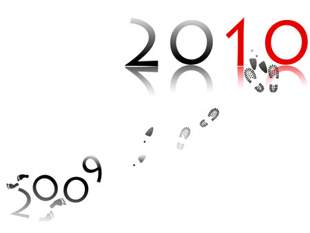 Illustration of woman and man steps from old 2009 to new 2010 year