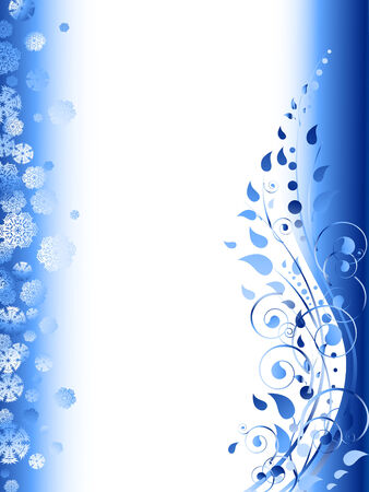 floral winter frame with swirls, snowflakes and foliage in blue with copy-space for your textのイラスト素材