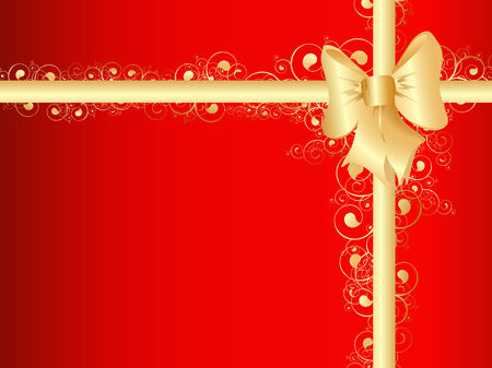 Illustration of gold swirls, tape and bow with copyspace against redのイラスト素材
