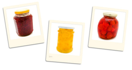Thre old style photos of jam over white backgroundの写真素材
