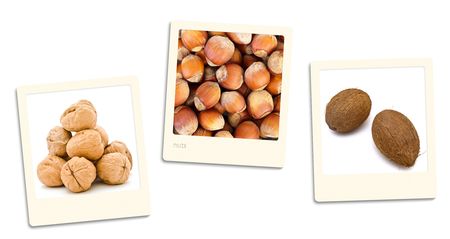 Thre old style photos of nuts over white backgroundの写真素材