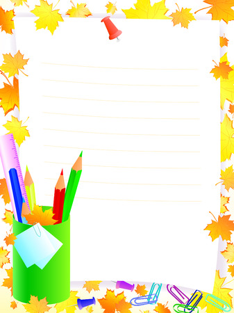school supplies with frame for tour text against yellow and orrange maple leaves のイラスト素材