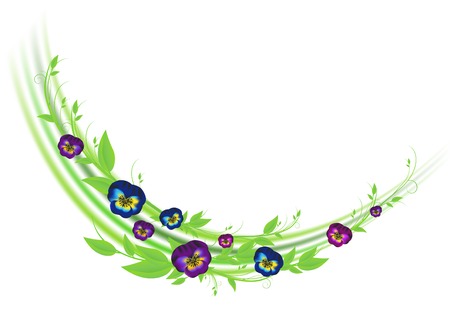 floral decoration with pansies and green leaves over whiteのイラスト素材