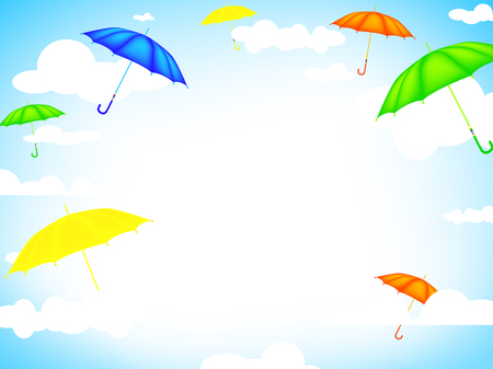 multicolored umbrellas flying in the blue cloudy sky, copyspaceのイラスト素材