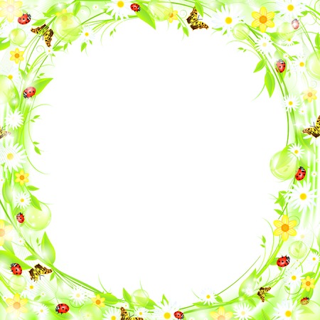 Green sprout bubbly summer or spring frame with flowers and butterflies, EPS10 のイラスト素材