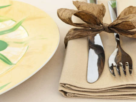 fork and knife with napkin near the plateの写真素材