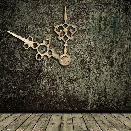 Photo of abstract grunge shabby interior with golden clock hands
