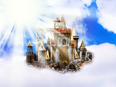 magic castle in the clouds over sun and blue skyの写真素材