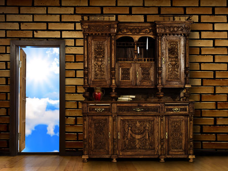 conceptual interior with opened door to freedomの写真素材