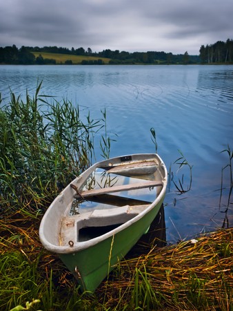 Single rowing boat at the lake shoreの写真素材