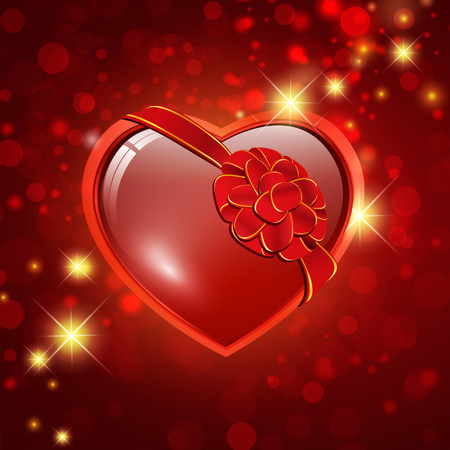 red heart with ribbon bow over holiday red background with stars and bokehのイラスト素材