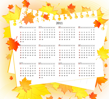 horizontal 2011 calendar template over maple autumn leaves のイラスト素材