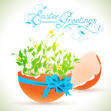 Easter greeting theme with decorated eggshell and flowers のイラスト素材