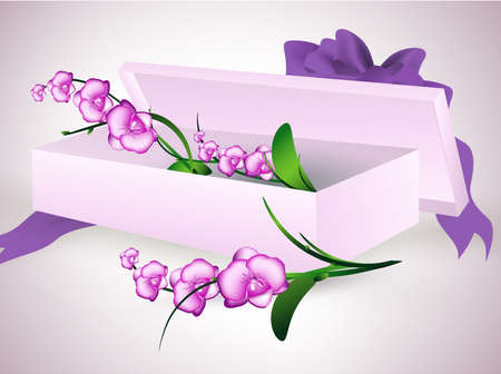 orchid flowers bouquet in gift box with purple ribbon bow のイラスト素材