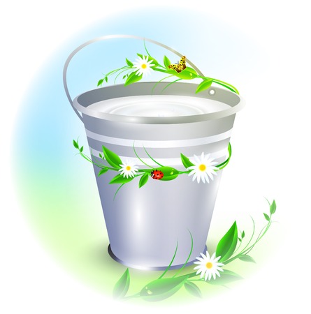 metal bucket with milk decorated with summer twigsのイラスト素材