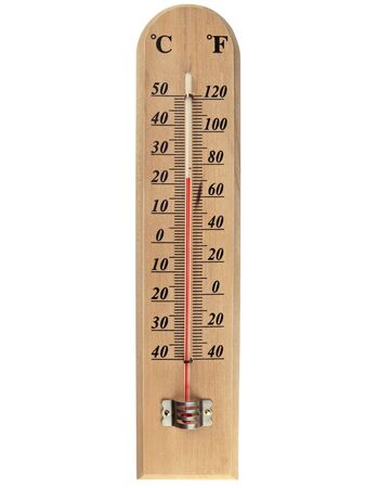 wooden celsius fahrenheit thermometer over whiteの写真素材