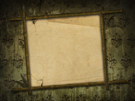 grunge wall with bamboo frame and old paper 