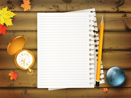 education theme with vintage pocket watch, paper sheets, pencil and glossy earth at wooden backgroundのイラスト素材