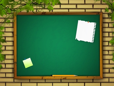 blackboard with notes and pencil at brick wall over green leavesのイラスト素材