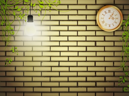 Vintage clock at brick wall near light bulb over green leavesのイラスト素材