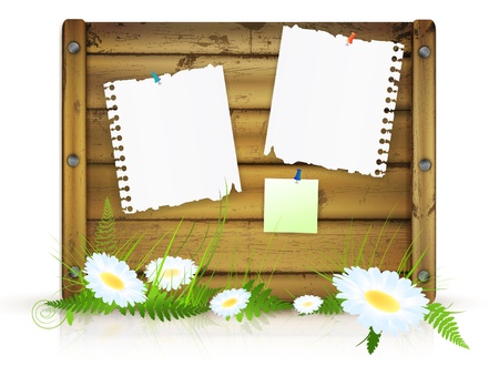 wooden board for messages with grass and flowers over white backgroundのイラスト素材