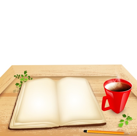 Opened book and cup of tea at wooden table, copyspace のイラスト素材
