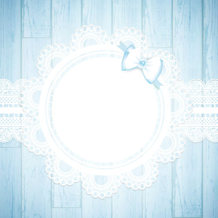 lace round frame with bow at blue wooden backgroundのイラスト素材