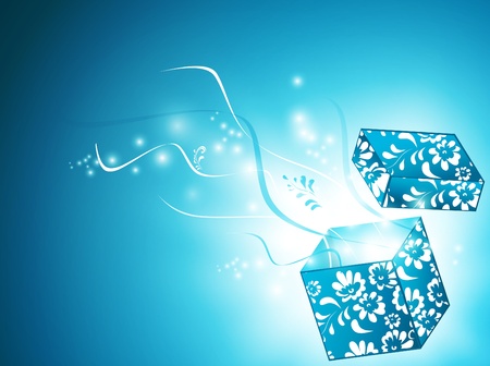 opened magic gift box with floral decoration over blue backgroundのイラスト素材