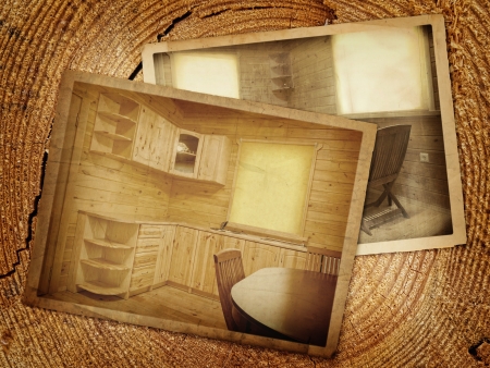Old  stylized  kitchen over the wooden backgroundの写真素材