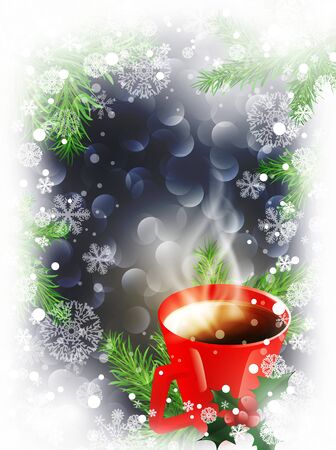 Christmas and New Year background with snowflakes and cup of hot teaのイラスト素材